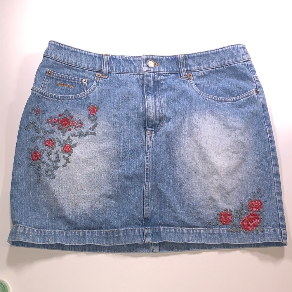 Vintage RALPH Lauren Denim Mini Skirt CrossStitch Floral Roses Embroidery 10 Y2K